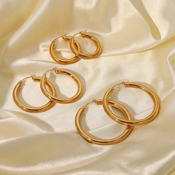 Set of 3 Pairs 18K Gold Plated Hoop Earrings - Picture 2 of 9